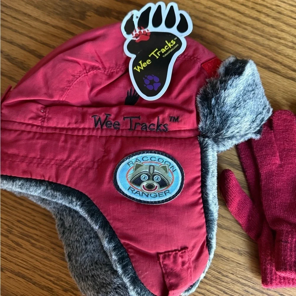 Red Raccoon Ranger Trapper Winter Hat with Fur Flaps and Glove Set for Kids